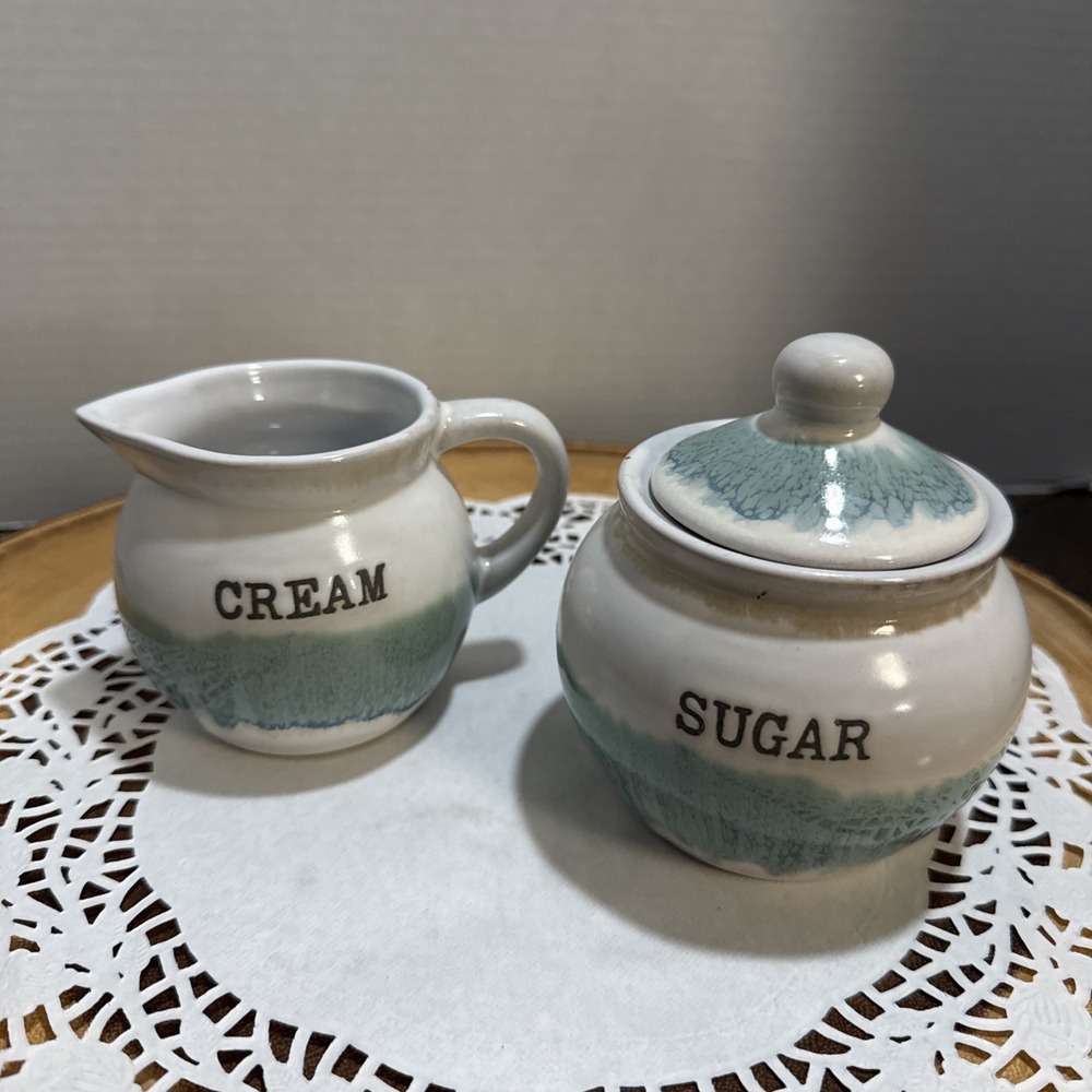 Sheffield Home Sugar Bowl & Creamer Set Teal White Drip Glaze Vintage Ceramic